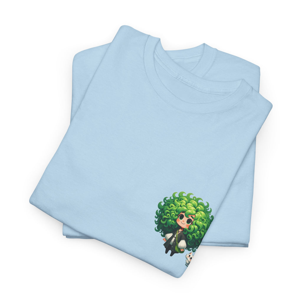 Cute Chibi Character T-Shirt | Big Green Hair Girl with Cat | Kawaii Anime Art Tee | Unisex | Green Curly Hair Girl Tee | Cute Cartoon Girl