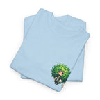 Cute Chibi Character T-Shirt | Big Green Hair Girl with Cat | Kawaii Anime Art Tee | Unisex | Green Curly Hair Girl Tee | Cute Cartoon Girl