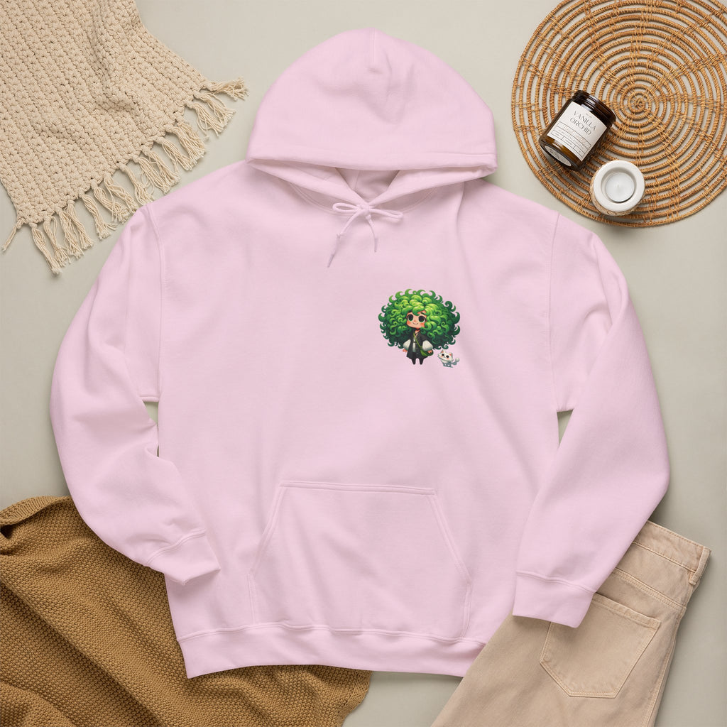 Green Hair Chibi Girl | Cute Anime Character | Kawaii Cat Companion Graphic | Unisex | Green Curly-Head Character Hooded