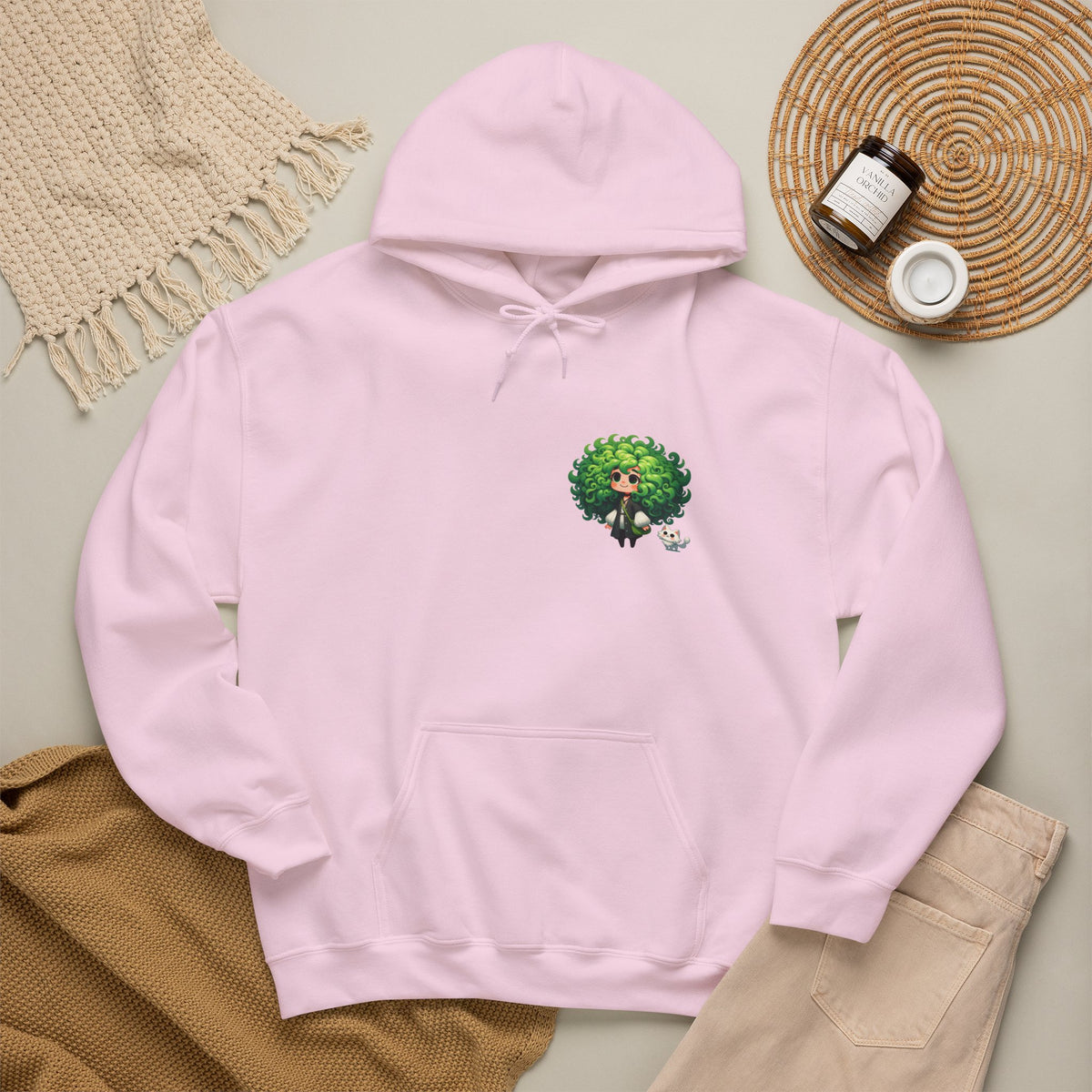 Green Hair Chibi Girl | Cute Anime Character | Kawaii Cat Companion Graphic | Unisex | Green Curly-Head Character Hooded