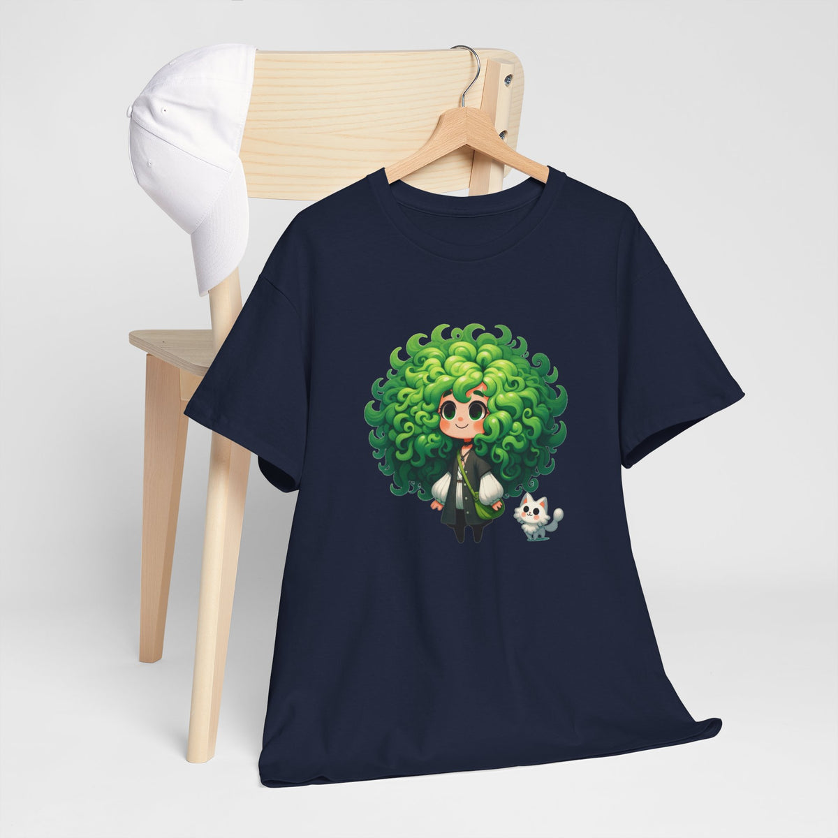 Cute Chibi Character T-Shirt | Big Green Hair Girl with Cat | Kawaii Anime Art Tee | Unisex | Green Curly Hair Girl Tee | Cute Cartoon Girl