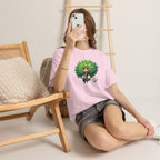 Cute Chibi Character T-Shirt | Big Green Hair Girl with Cat | Kawaii Anime Art Tee | Unisex | Green Curly Hair Girl Tee | Cute Cartoon Girl