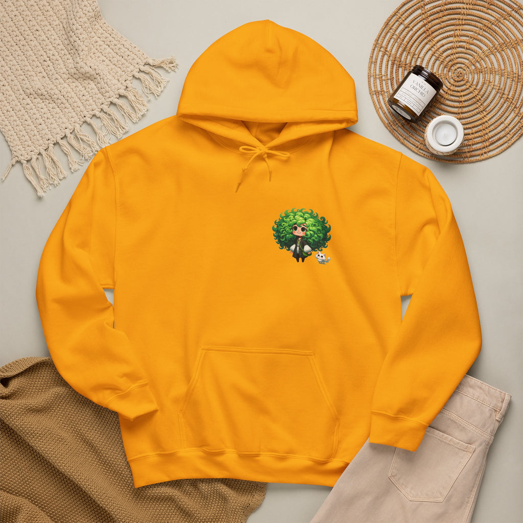 Green Hair Chibi Girl | Cute Anime Character | Kawaii Cat Companion Graphic | Unisex | Green Curly-Head Character Hooded