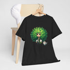 Cute Chibi Character T-Shirt | Big Green Hair Girl with Cat | Kawaii Anime Art Tee | Unisex | Green Curly Hair Girl Tee | Cute Cartoon Girl