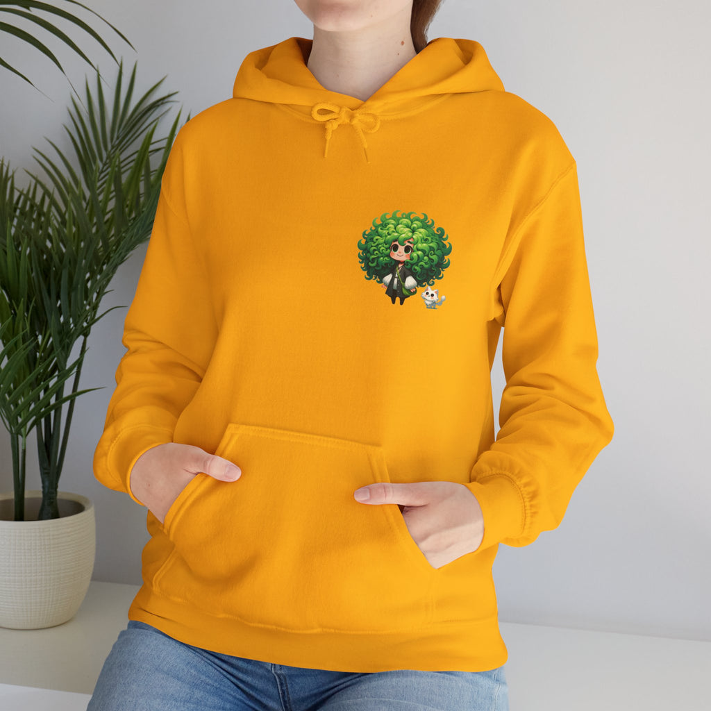 Green Hair Chibi Girl | Cute Anime Character | Kawaii Cat Companion Graphic | Unisex | Green Curly-Head Character Hooded