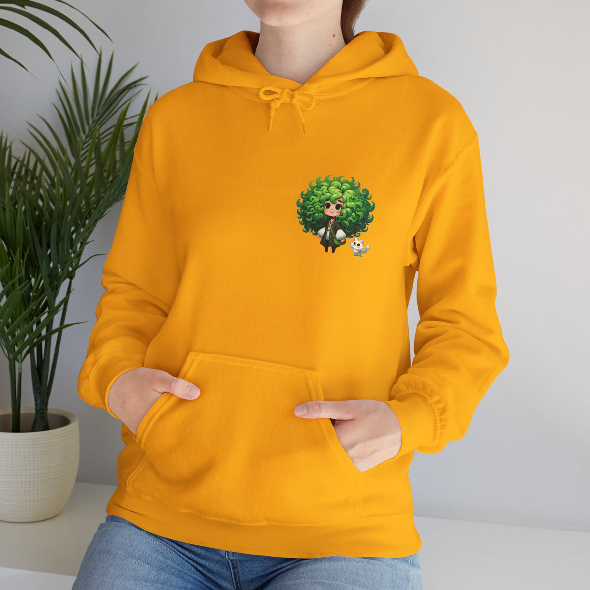 Green Hair Chibi Girl | Cute Anime Character | Kawaii Cat Companion Graphic | Unisex | Green Curly-Head Character Hooded