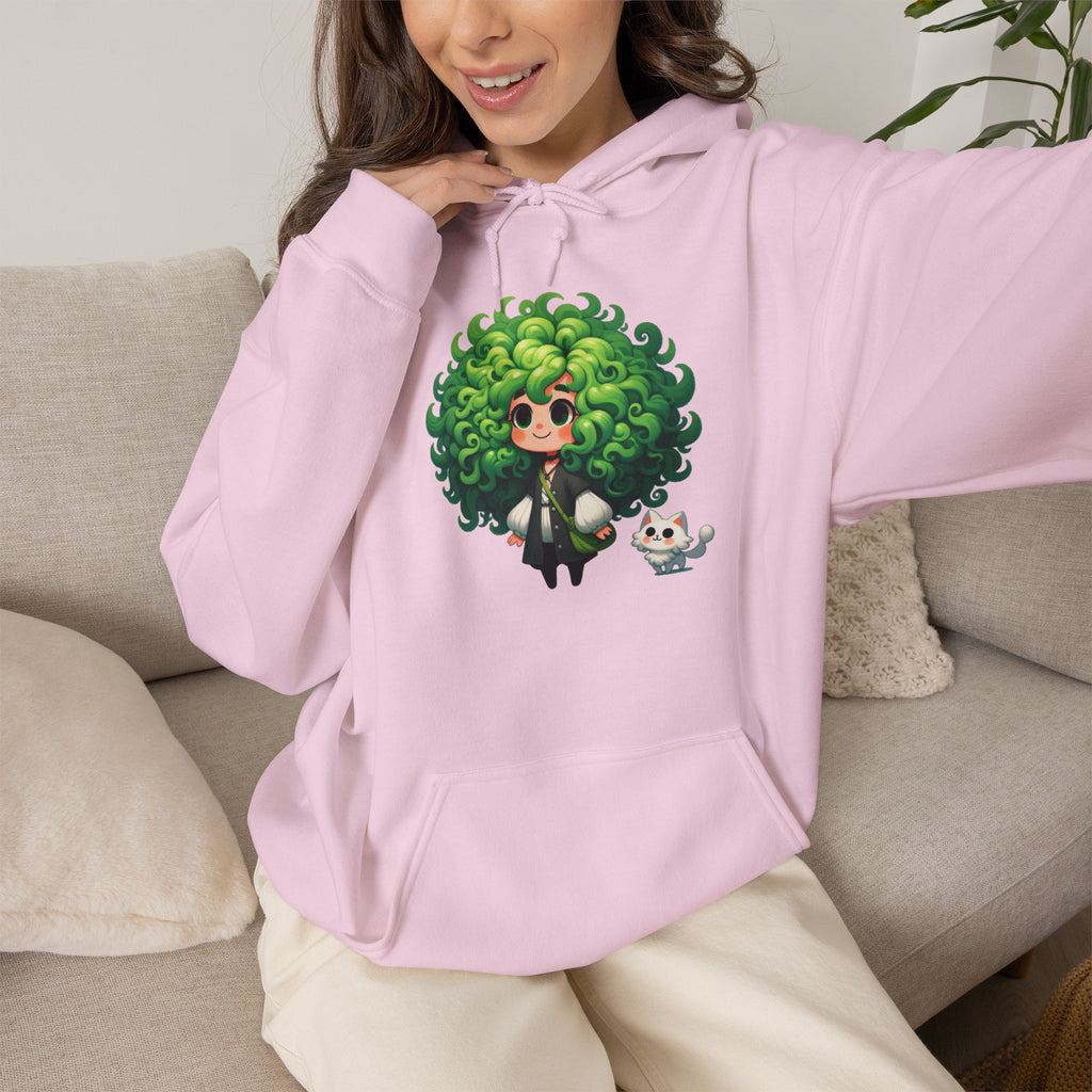 Green Hair Chibi Girl | Cute Anime Character | Kawaii Cat Companion Graphic | Unisex | Green Curly-Head Character Hooded