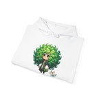 Green Hair Chibi Girl | Cute Anime Character | Kawaii Cat Companion Graphic | Unisex | Green Curly-Head Character Hooded
