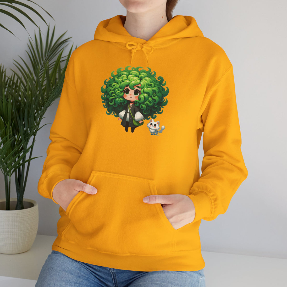 Green Hair Chibi Girl | Cute Anime Character | Kawaii Cat Companion Graphic | Unisex | Green Curly-Head Character Hooded