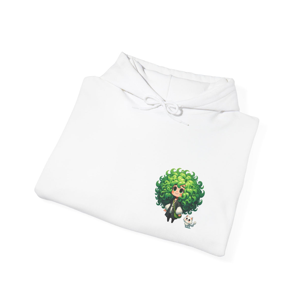Green Hair Chibi Girl | Cute Anime Character | Kawaii Cat Companion Graphic | Unisex | Green Curly-Head Character Hooded