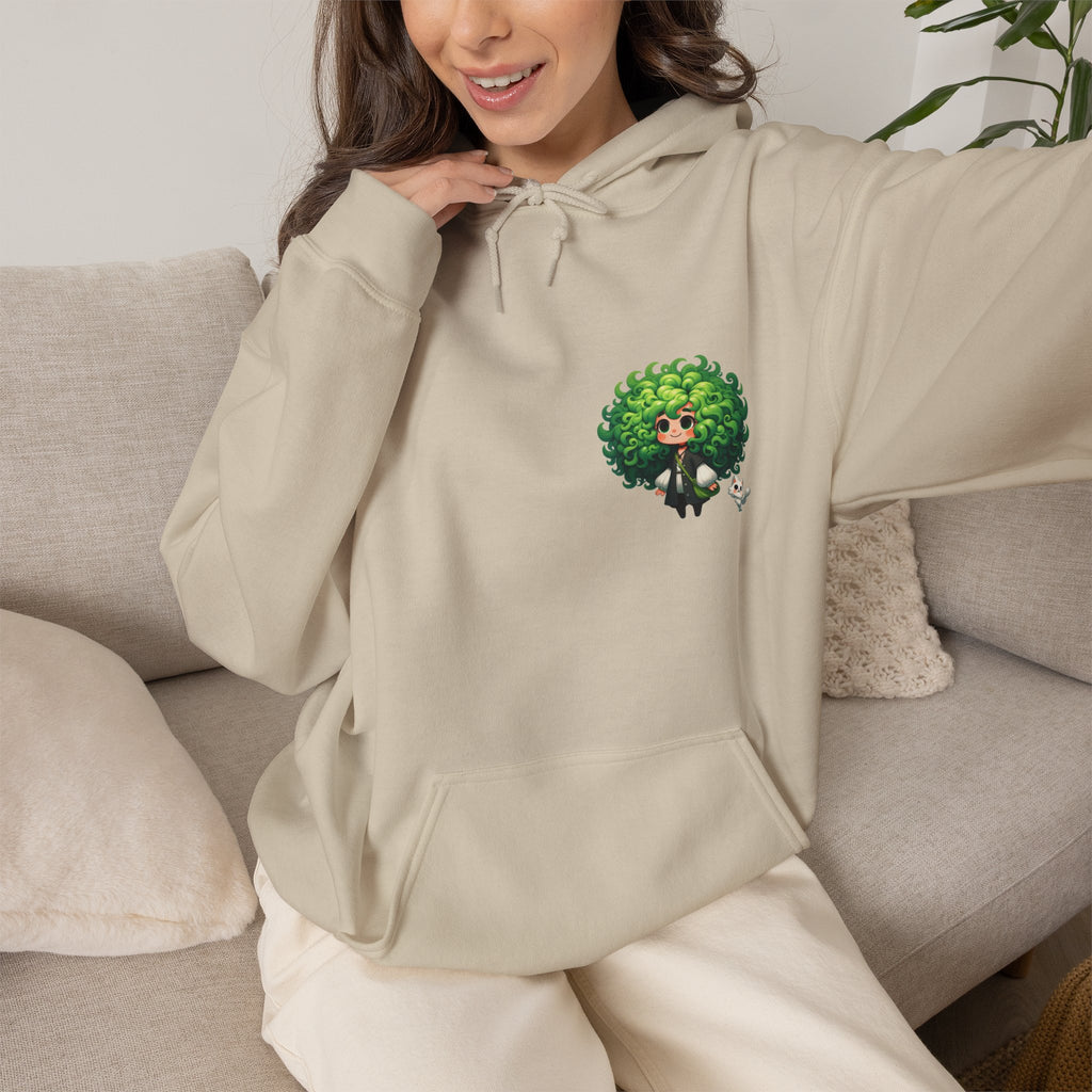 Green Hair Chibi Girl | Cute Anime Character | Kawaii Cat Companion Graphic | Unisex | Green Curly-Head Character Hooded