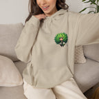 Green Hair Chibi Girl | Cute Anime Character | Kawaii Cat Companion Graphic | Unisex | Green Curly-Head Character Hooded