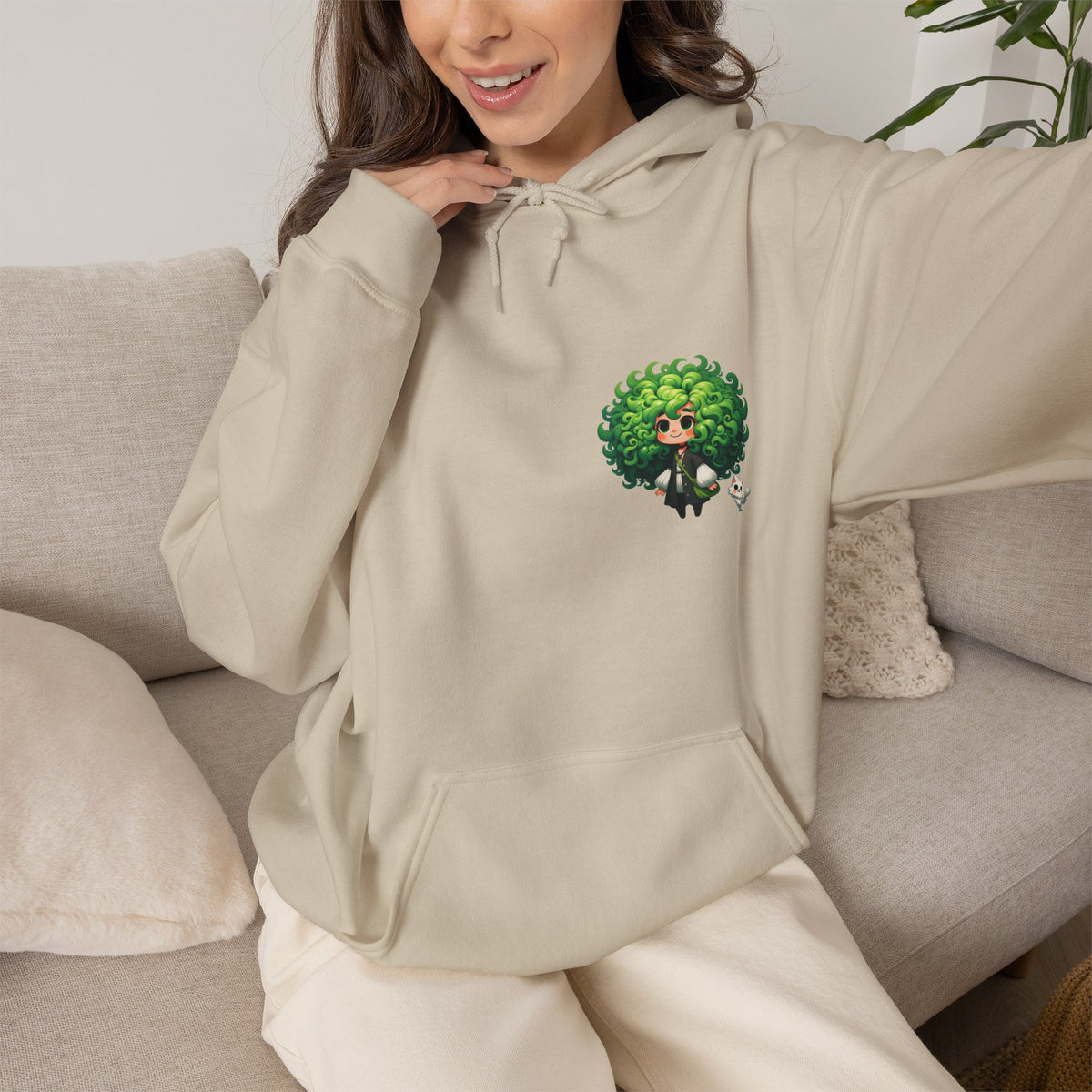 Green Hair Chibi Girl | Cute Anime Character | Kawaii Cat Companion Graphic | Unisex | Green Curly-Head Character Hooded