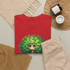Cute Chibi Character T-Shirt | Big Green Hair Girl with Cat | Kawaii Anime Art Tee | Unisex | Green Curly Hair Girl Tee | Cute Cartoon Girl