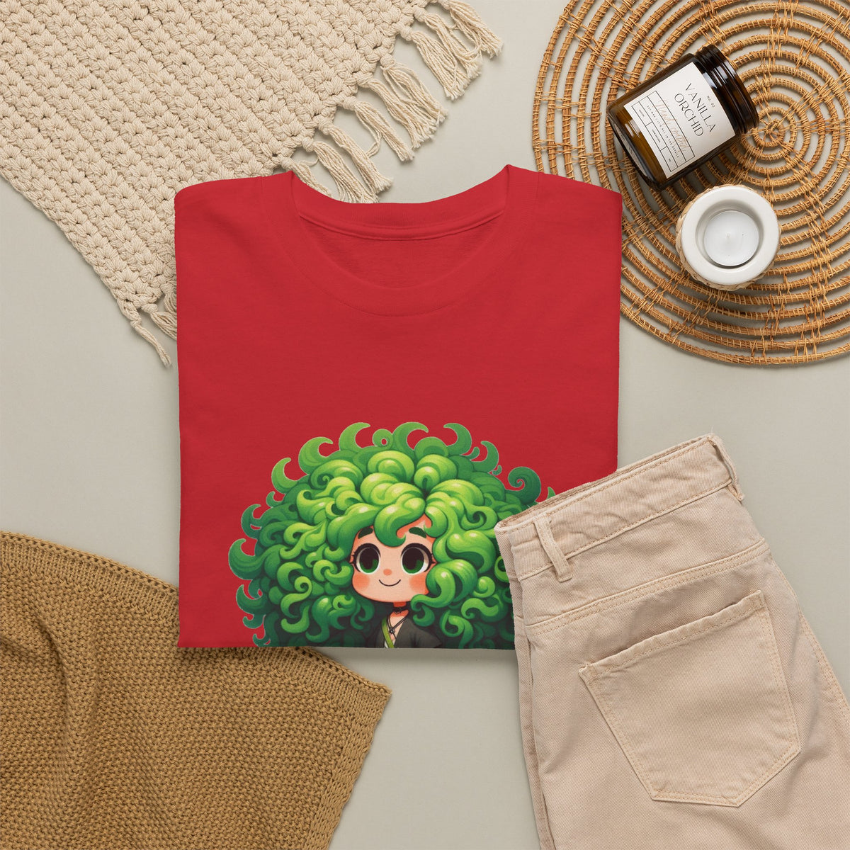 Cute Chibi Character T-Shirt | Big Green Hair Girl with Cat | Kawaii Anime Art Tee | Unisex | Green Curly Hair Girl Tee | Cute Cartoon Girl