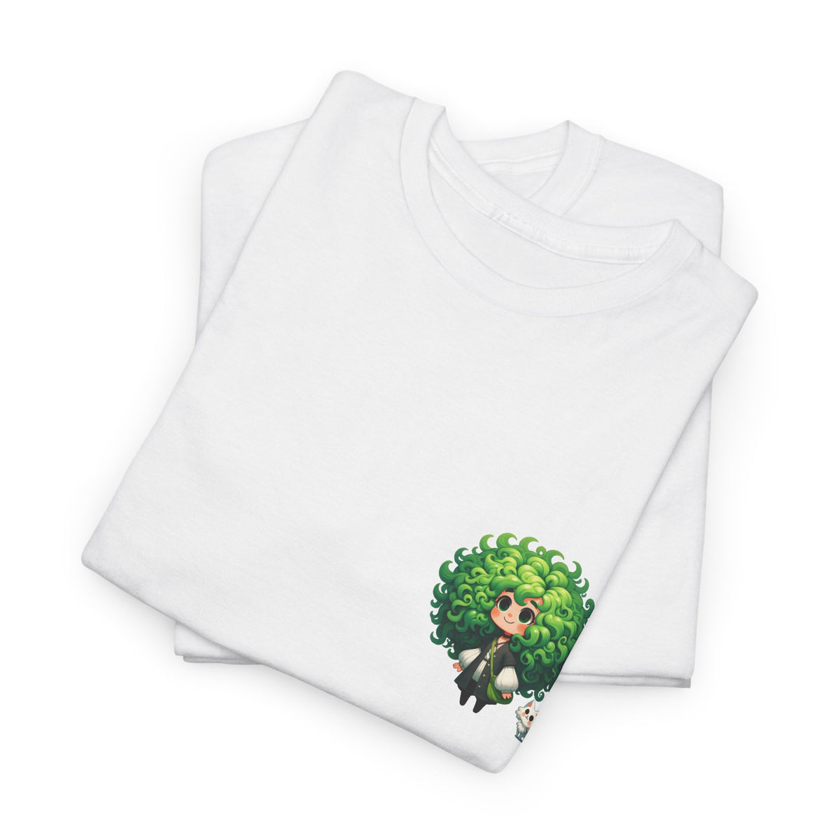 Cute Chibi Character T-Shirt | Big Green Hair Girl with Cat | Kawaii Anime Art Tee | Unisex | Green Curly Hair Girl Tee | Cute Cartoon Girl