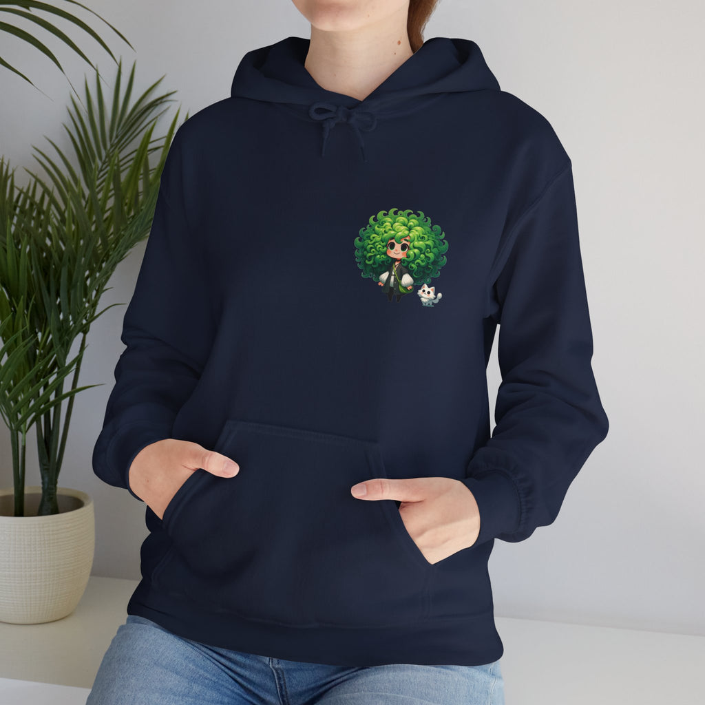 Green Hair Chibi Girl | Cute Anime Character | Kawaii Cat Companion Graphic | Unisex | Green Curly-Head Character Hooded