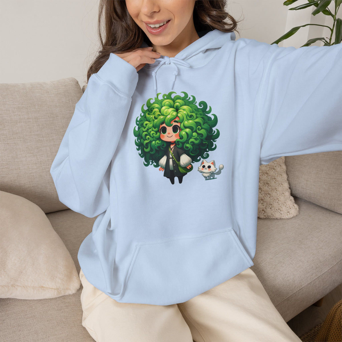 Green Hair Chibi Girl | Cute Anime Character | Kawaii Cat Companion Graphic | Unisex | Green Curly-Head Character Hooded