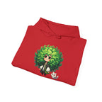 Green Hair Chibi Girl | Cute Anime Character | Kawaii Cat Companion Graphic | Unisex | Green Curly-Head Character Hooded