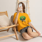 Cute Chibi Character T-Shirt | Big Green Hair Girl with Cat | Kawaii Anime Art Tee | Unisex | Green Curly Hair Girl Tee | Cute Cartoon Girl