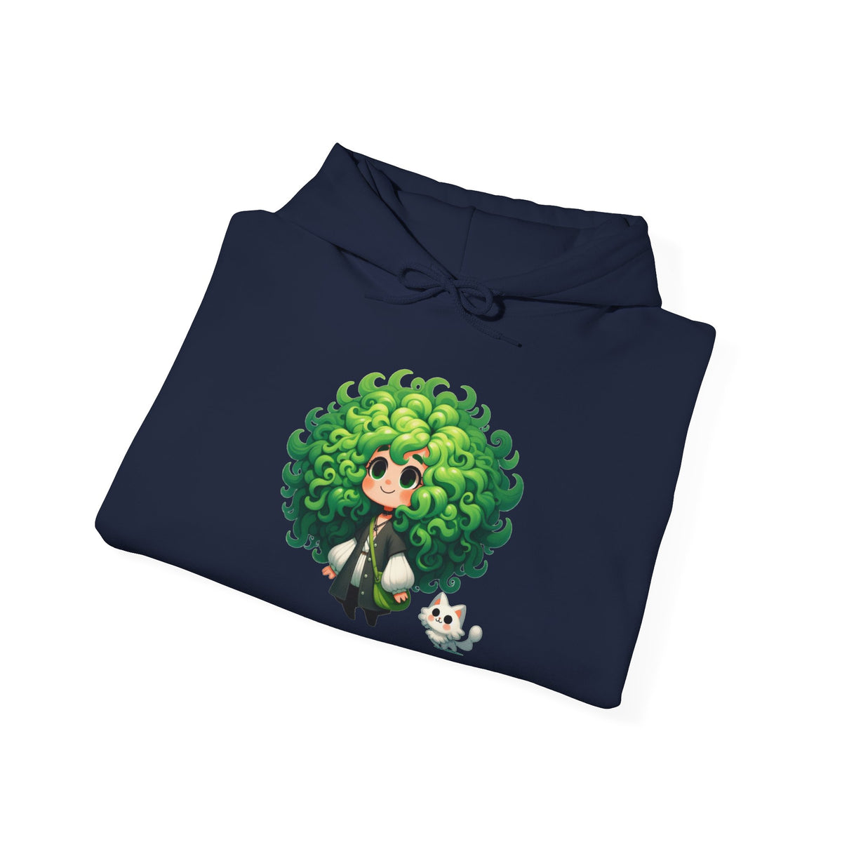 Green Hair Chibi Girl | Cute Anime Character | Kawaii Cat Companion Graphic | Unisex | Green Curly-Head Character Hooded