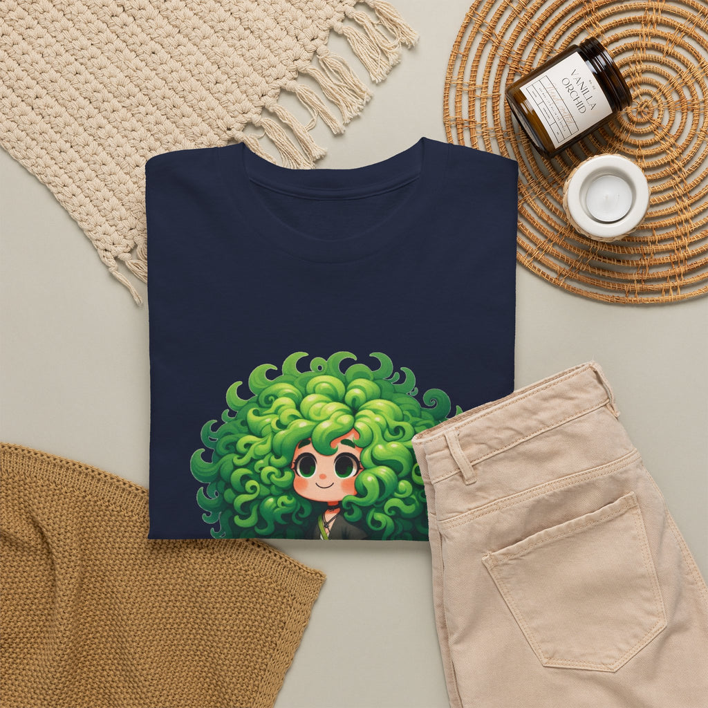 Cute Chibi Character T-Shirt | Big Green Hair Girl with Cat | Kawaii Anime Art Tee | Unisex | Green Curly Hair Girl Tee | Cute Cartoon Girl