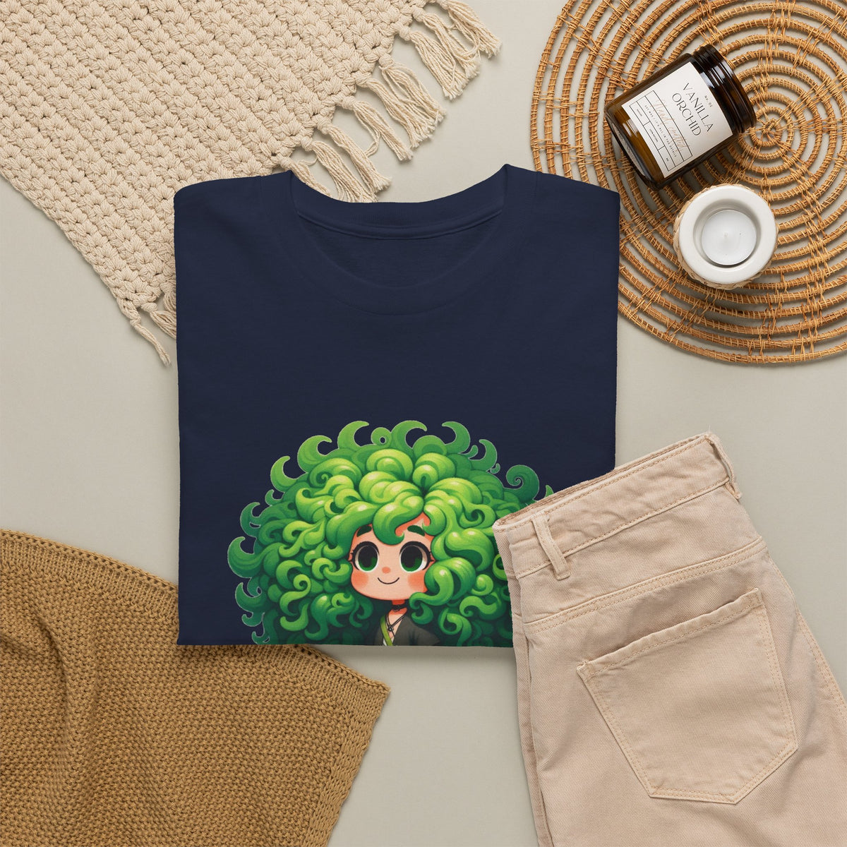 Cute Chibi Character T-Shirt | Big Green Hair Girl with Cat | Kawaii Anime Art Tee | Unisex | Green Curly Hair Girl Tee | Cute Cartoon Girl