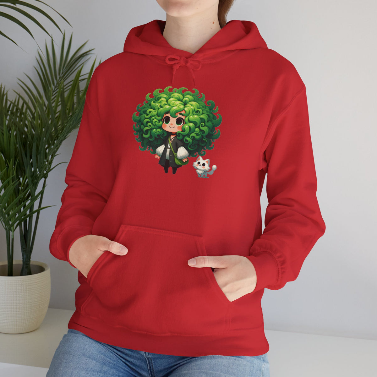 Green Hair Chibi Girl | Cute Anime Character | Kawaii Cat Companion Graphic | Unisex | Green Curly-Head Character Hooded