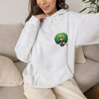 Green Hair Chibi Girl | Cute Anime Character | Kawaii Cat Companion Graphic | Unisex | Green Curly-Head Character Hooded
