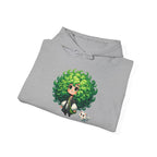 Green Hair Chibi Girl | Cute Anime Character | Kawaii Cat Companion Graphic | Unisex | Green Curly-Head Character Hooded