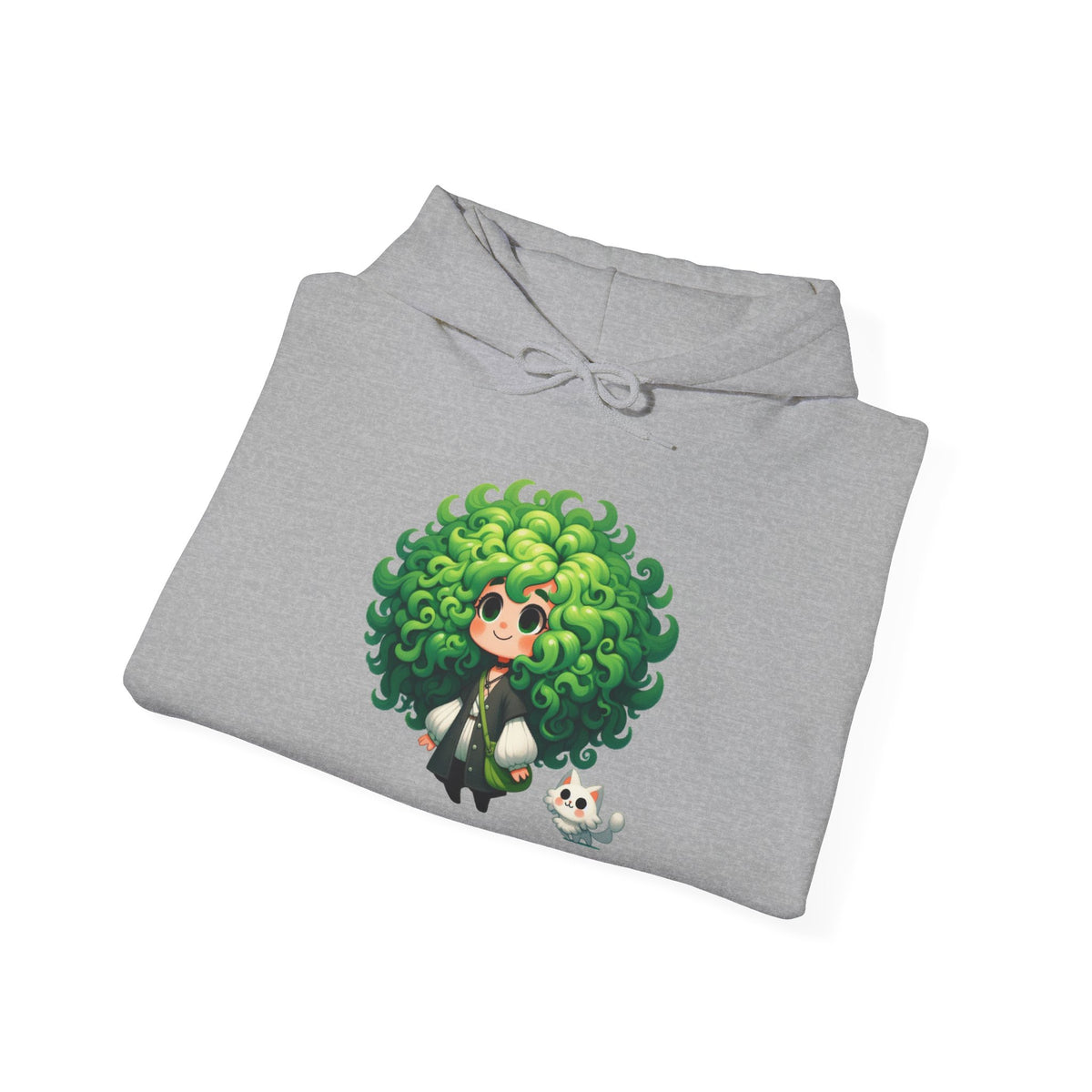 Green Hair Chibi Girl | Cute Anime Character | Kawaii Cat Companion Graphic | Unisex | Green Curly-Head Character Hooded