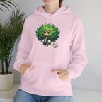 Green Hair Chibi Girl | Cute Anime Character | Kawaii Cat Companion Graphic | Unisex | Green Curly-Head Character Hooded