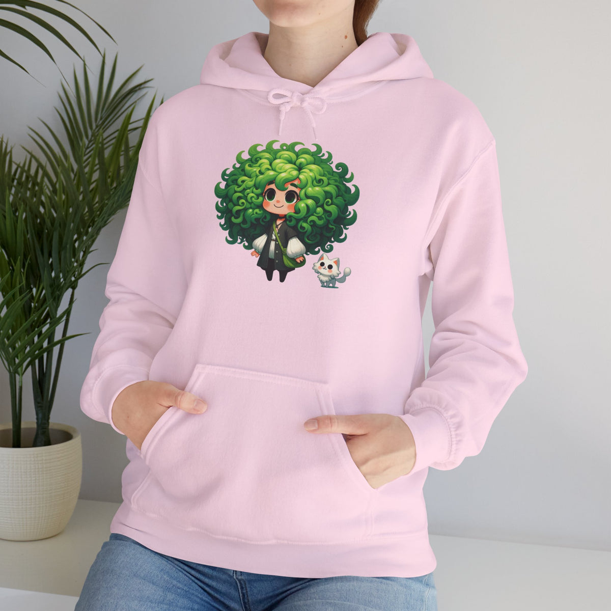 Green Hair Chibi Girl | Cute Anime Character | Kawaii Cat Companion Graphic | Unisex | Green Curly-Head Character Hooded