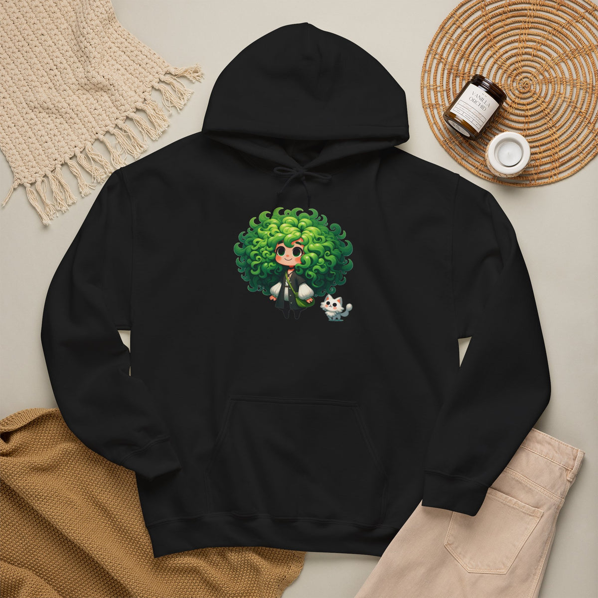 Green Hair Chibi Girl | Cute Anime Character | Kawaii Cat Companion Graphic | Unisex | Green Curly-Head Character Hooded