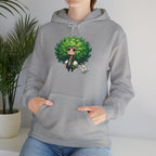 Green Hair Chibi Girl | Cute Anime Character | Kawaii Cat Companion Graphic | Unisex | Green Curly-Head Character Hooded