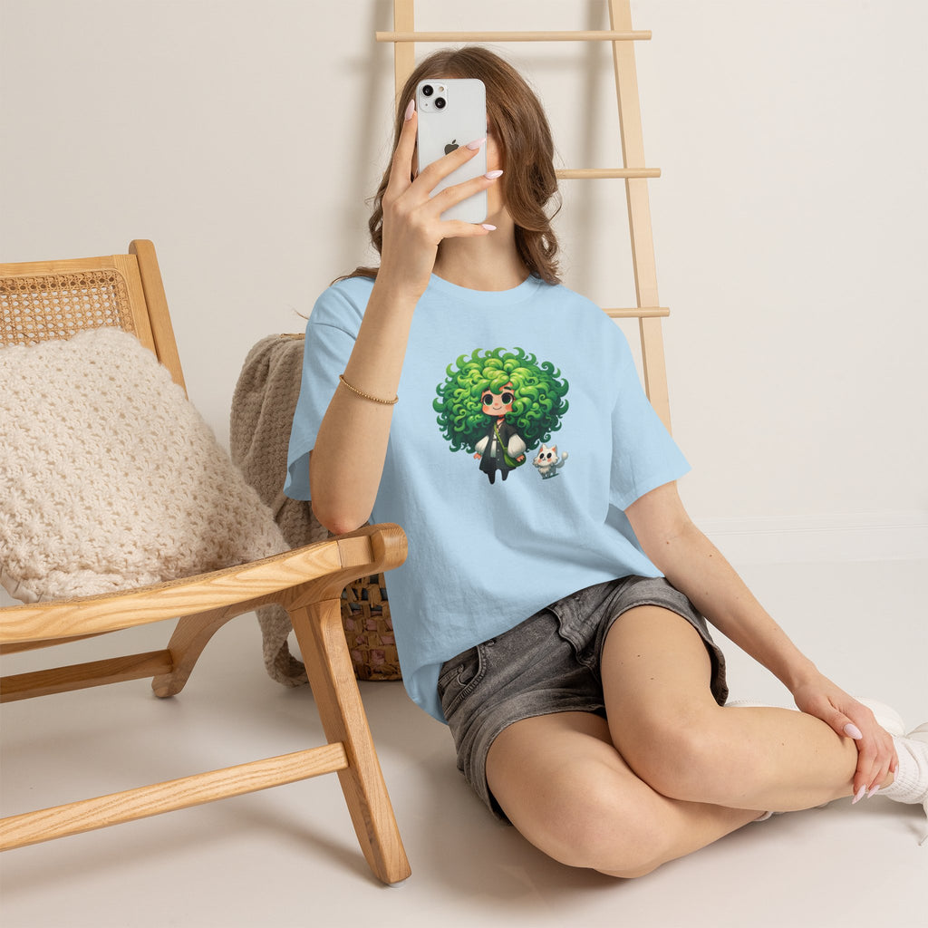 Cute Chibi Character T-Shirt | Big Green Hair Girl with Cat | Kawaii Anime Art Tee | Unisex | Green Curly Hair Girl Tee | Cute Cartoon Girl