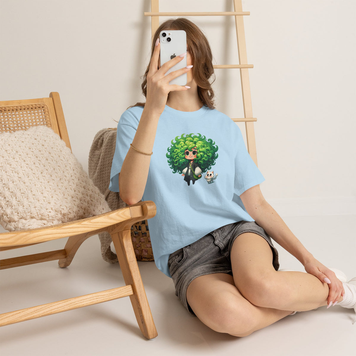 Cute Chibi Character T-Shirt | Big Green Hair Girl with Cat | Kawaii Anime Art Tee | Unisex | Green Curly Hair Girl Tee | Cute Cartoon Girl