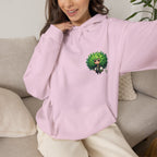 Green Hair Chibi Girl | Cute Anime Character | Kawaii Cat Companion Graphic | Unisex | Green Curly-Head Character Hooded
