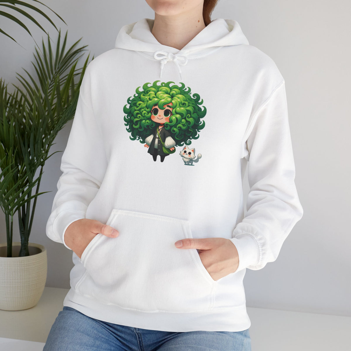 Green Hair Chibi Girl | Cute Anime Character | Kawaii Cat Companion Graphic | Unisex | Green Curly-Head Character Hooded