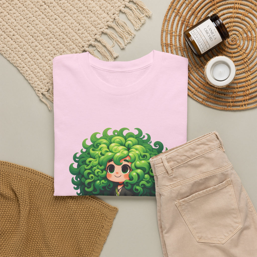 Cute Chibi Character T-Shirt | Big Green Hair Girl with Cat | Kawaii Anime Art Tee | Unisex | Green Curly Hair Girl Tee | Cute Cartoon Girl