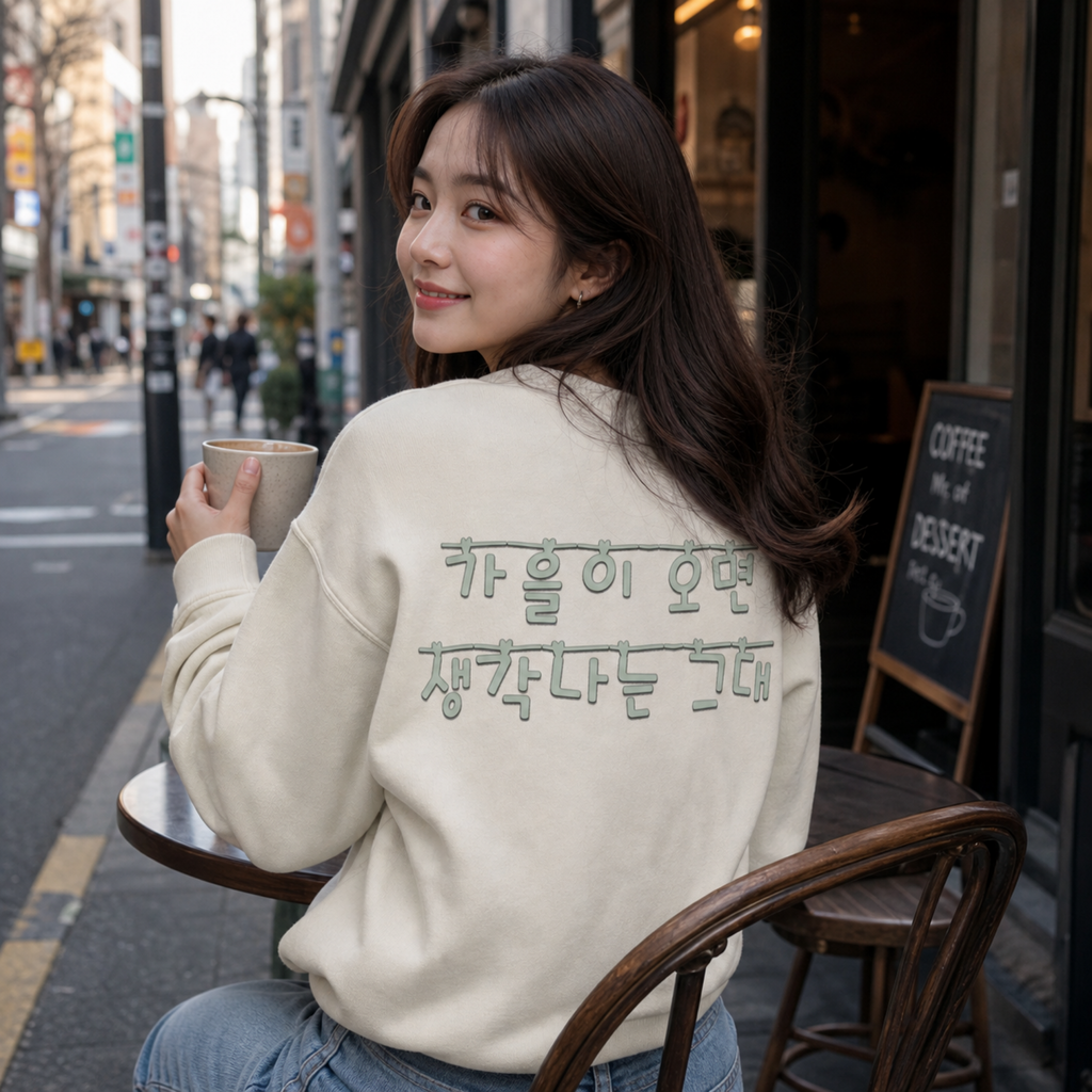 Korean Autumn Quote | "Gaeul-i Omyeon" Fairy Light Text | Sentimental Hangul Graphic | Unisex Fall Shirt | Korean Phrase Sweatshirt | Minimal Hangul Script Crewneck