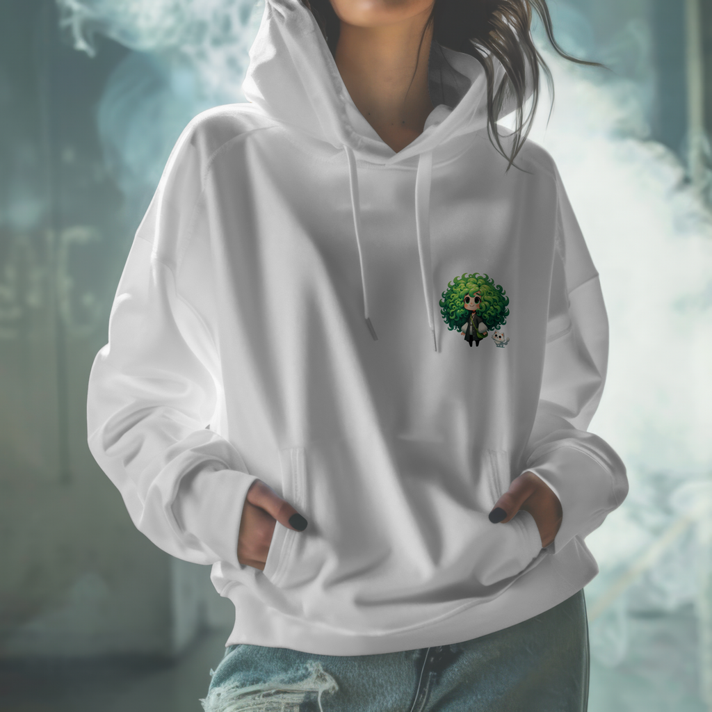 Green Hair Chibi Girl | Cute Anime Character | Kawaii Cat Companion Graphic | Unisex | Green Curly-Head Character Hooded