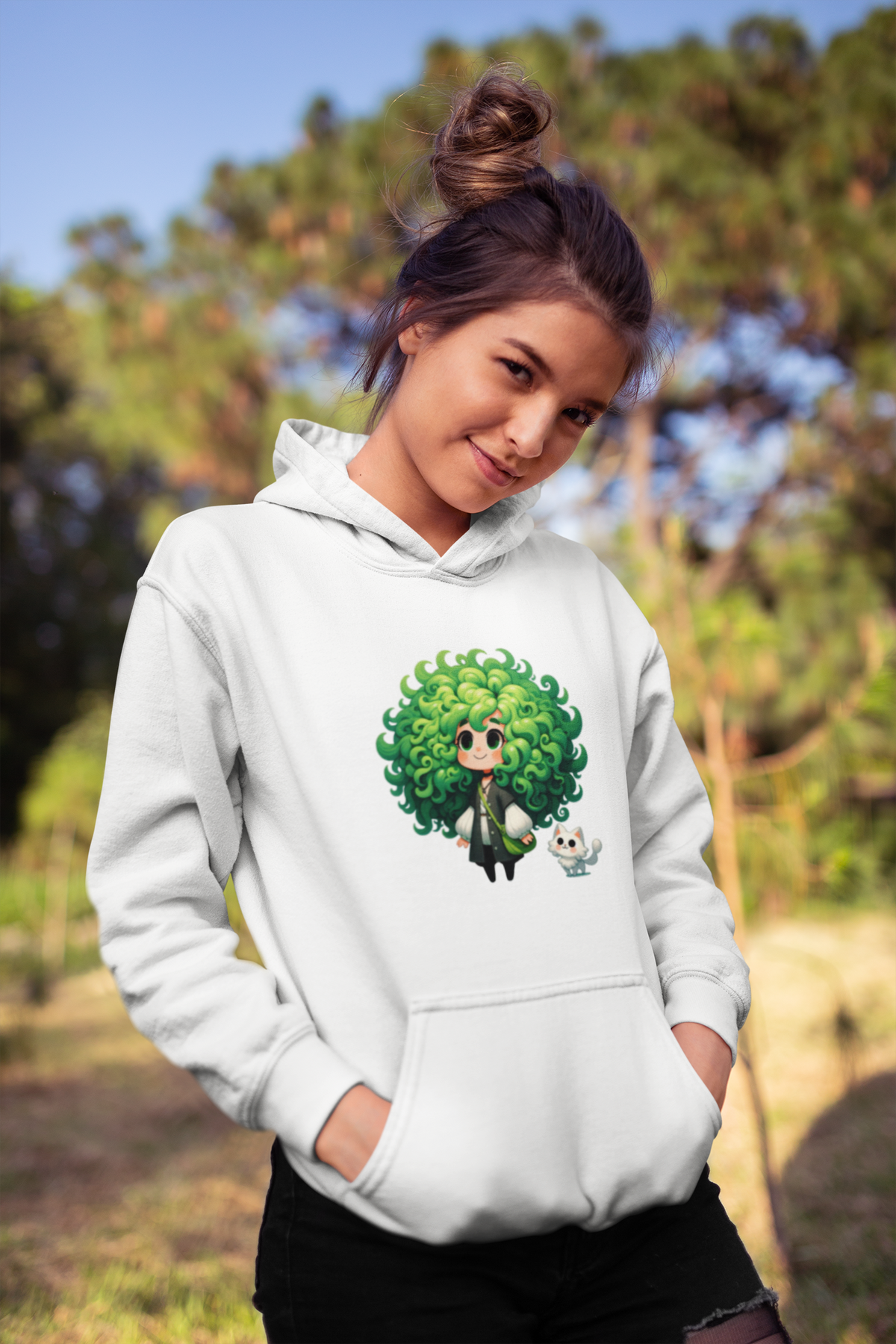 Green Hair Chibi Girl | Cute Anime Character | Kawaii Cat Companion Graphic | Unisex | Green Curly-Head Character Hooded