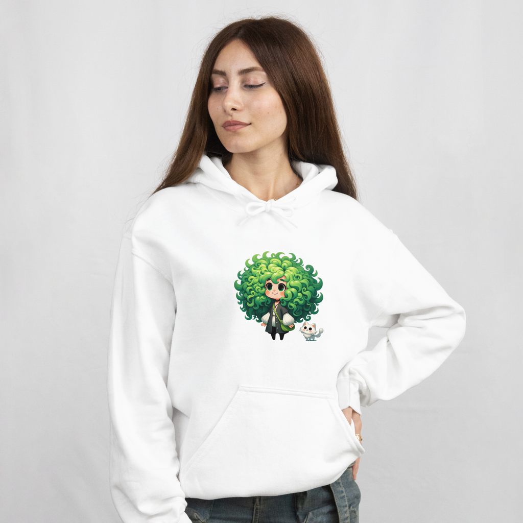 Green Hair Chibi Girl | Cute Anime Character | Kawaii Cat Companion Graphic | Unisex | Green Curly-Head Character Hooded