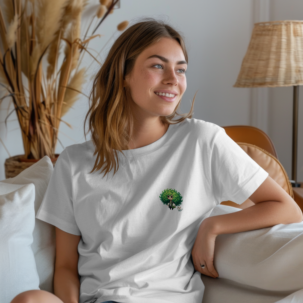 Cute Chibi Character T-Shirt | Big Green Hair Girl with Cat | Kawaii Anime Art Tee | Unisex | Green Curly Hair Girl Tee | Cute Cartoon Girl