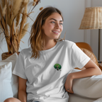 Cute Chibi Character T-Shirt | Big Green Hair Girl with Cat | Kawaii Anime Art Tee | Unisex | Green Curly Hair Girl Tee | Cute Cartoon Girl