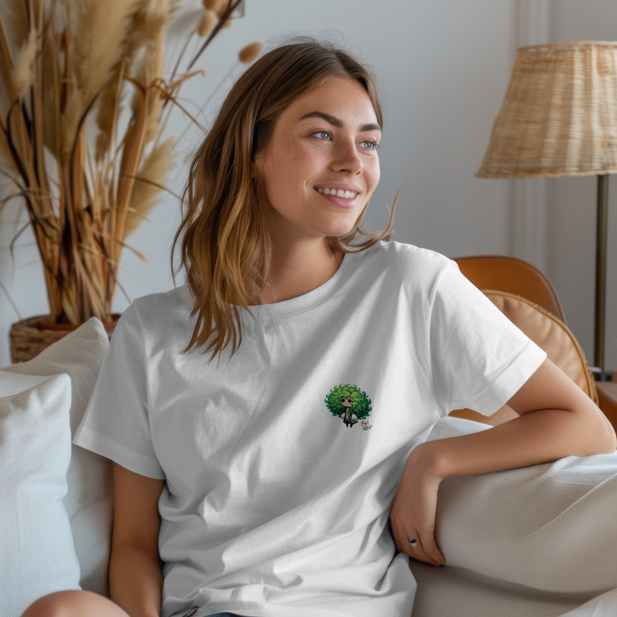 Cute Chibi Character T-Shirt | Big Green Hair Girl with Cat | Kawaii Anime Art Tee | Unisex | Green Curly Hair Girl Tee | Cute Cartoon Girl