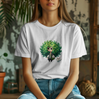 Cute Chibi Character T-Shirt | Big Green Hair Girl with Cat | Kawaii Anime Art Tee | Unisex | Green Curly Hair Girl Tee | Cute Cartoon Girl