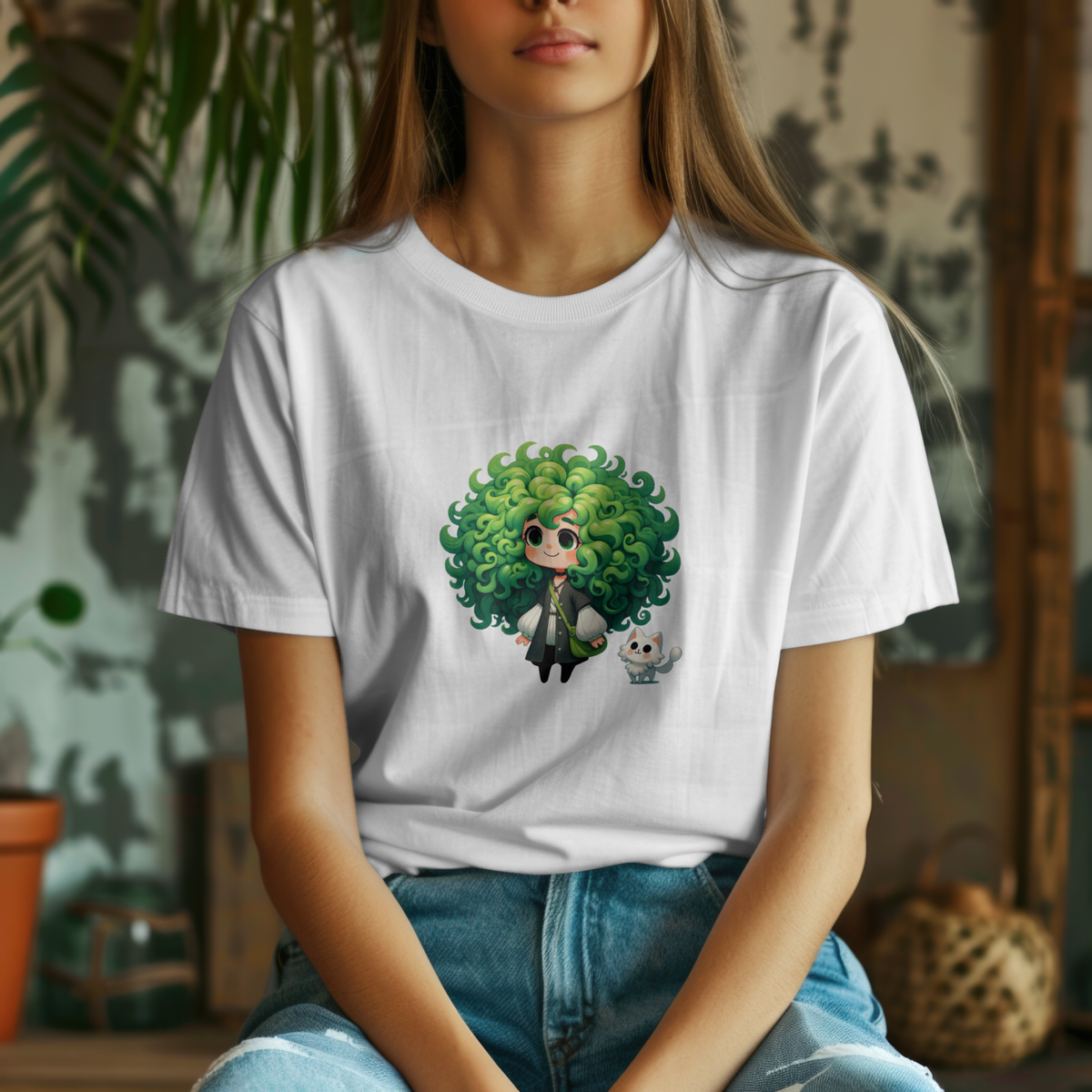 Cute Chibi Character T-Shirt | Big Green Hair Girl with Cat | Kawaii Anime Art Tee | Unisex | Green Curly Hair Girl Tee | Cute Cartoon Girl
