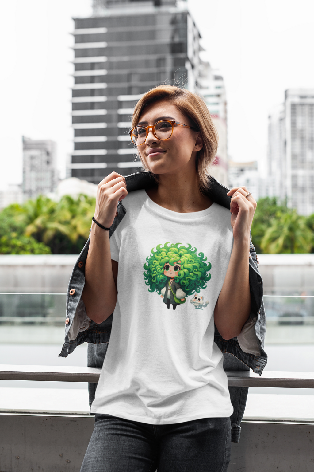 Cute Chibi Character T-Shirt | Big Green Hair Girl with Cat | Kawaii Anime Art Tee | Unisex | Green Curly Hair Girl Tee | Cute Cartoon Girl